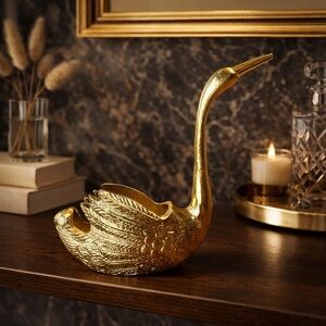 Gold Swan Figurine Metal Long Neck Planter Decor Trinket Accent India Vtg Style